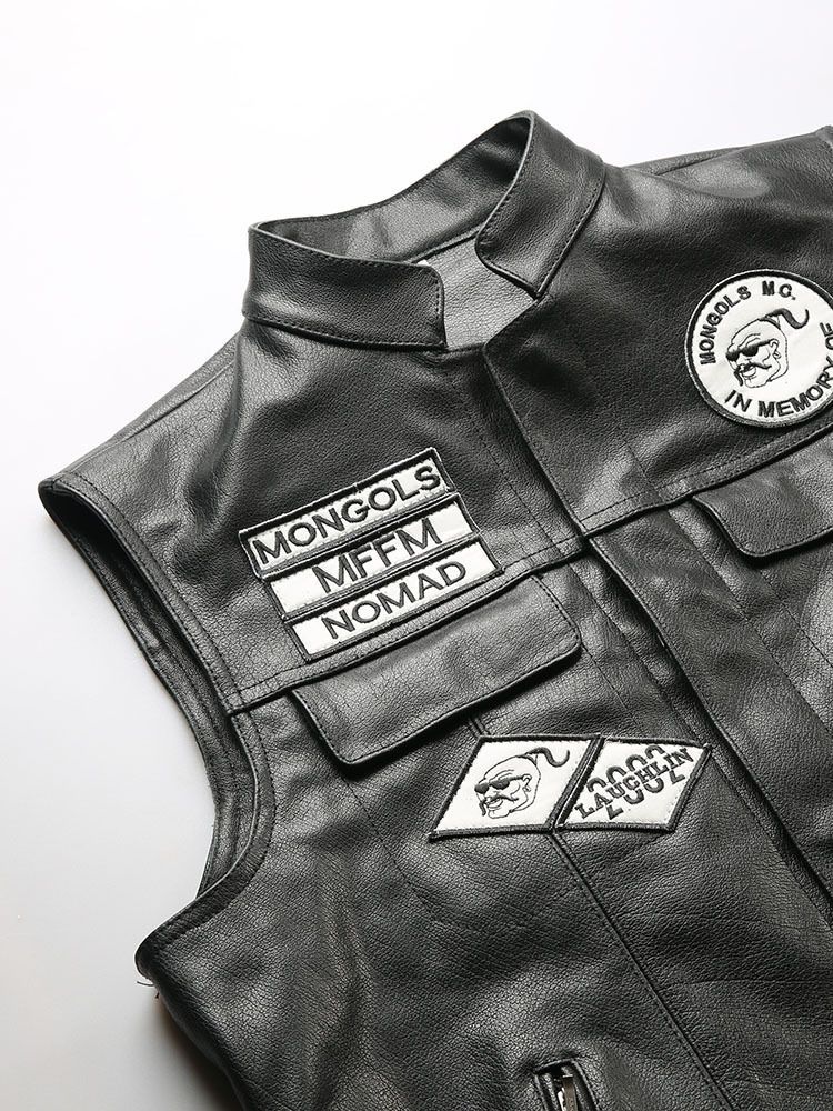 メンズレザージャーキンベスト本革牛革刺繍バイクジャケット XS～6XL 