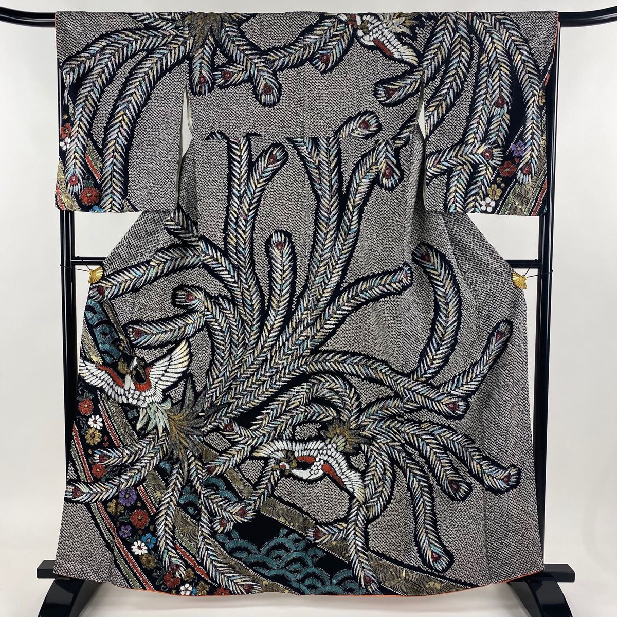 訪問着 身丈162cm 裄丈66cm M 袷 尾長鳥 草花 金彩 絞り 黒 正絹 秀品