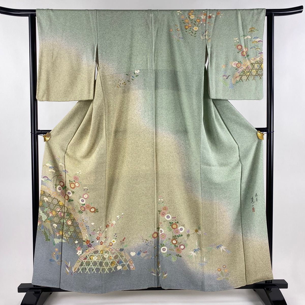 訪問着 身丈159cm 裄丈63cm S 袷 松井青々 落款 草花 菊 金彩 染め分け  