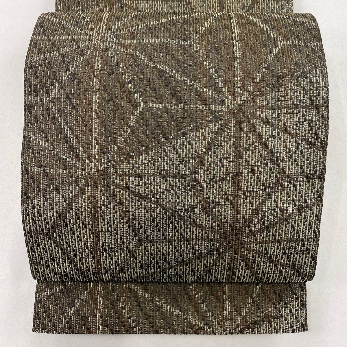 名古屋帯 名品 落款 八寸名古屋帯 松葉仕立て 麻の葉 茶緑色 正絹