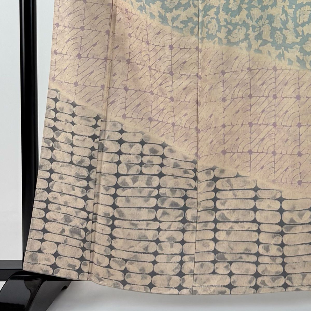 訪問着 身丈162.5cm 裄丈67cm M 袷 紬地 鈴乃屋 鱗紋 幾何学 ベージュ 正絹