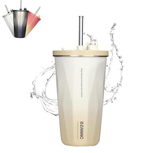 モカブラウン DZANNC ストロー付きタンブラー 600ml ストロー 大容量 タンブラー ストロー付き保温/保冷カップ ステンレスタンブラー 蓋付き タンブラーストロー付き コーヒーマグ ステンレス