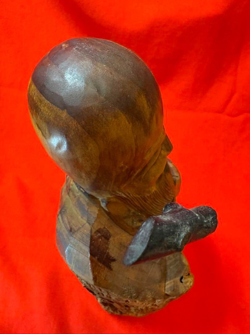 木彫 福禄寿 七福神 彫刻 無銘 笑顔の老人像 杖付き - メルカリ