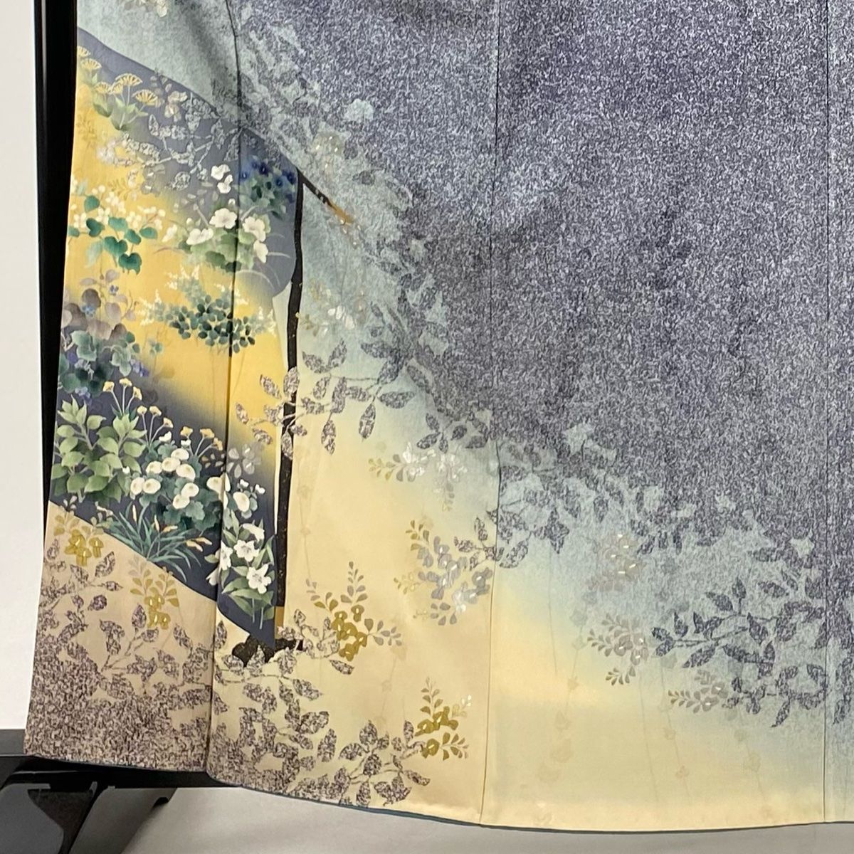 訪問着 身丈163.5cm 裄丈68cm L 袷 秋草 几帳 金銀彩 ぼかし 青灰色 正絹 名品