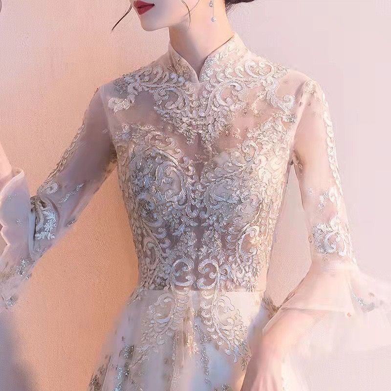 実現 ドレス ロングドレス パーティードレス 発表会 演奏会 ステージドレス コンクール イブニングドレス フォマール シャンパン 立ち襟 6 大切な