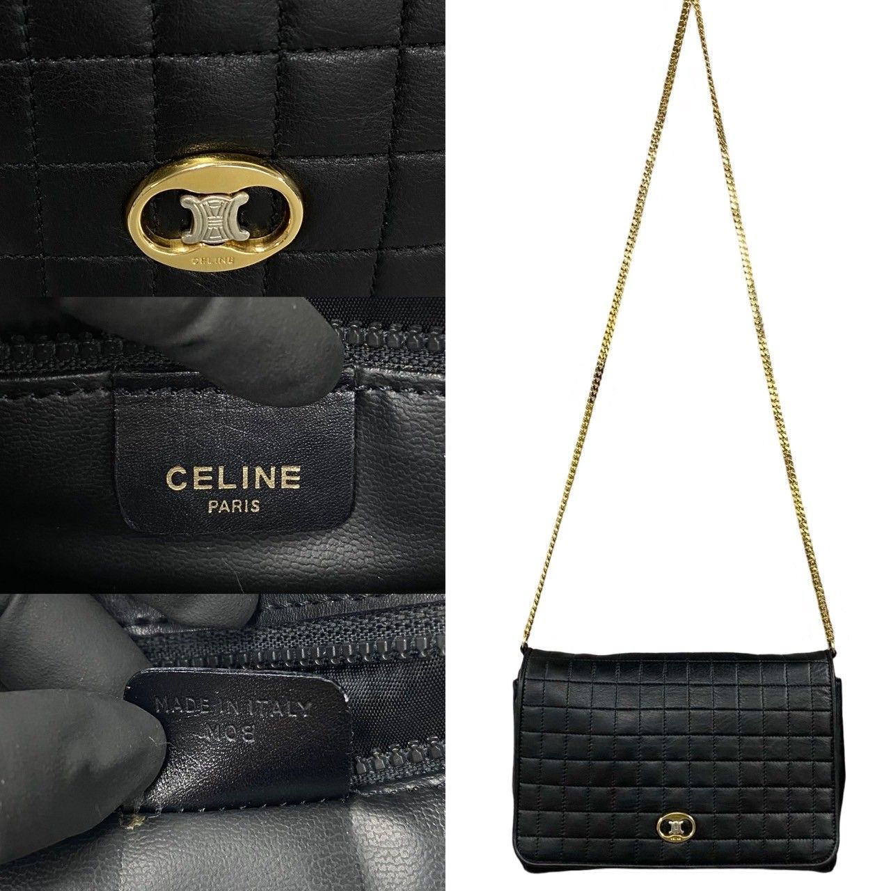 極 美品 CELINE セリーヌ ヴィンテージ トリオンフ ロゴ 金具レザー 本革 チェーン ミニ ショルダーバッグ ポシェット ブラック 39823  - メルカリ