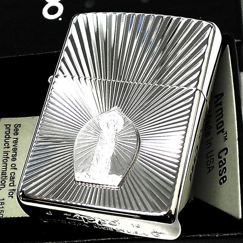 ZIPPO 聖観世音菩薩 アーマー 純銀プレート ジッポ ライター 彫刻 美しい 御守り ホワイトゴールド かっこいい シンプル レディース 高級 おしゃれ メンズ プレゼント ギフト
