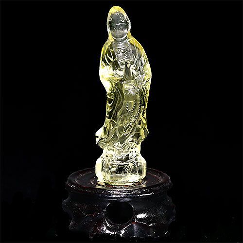 D433-11〕超透明 シトリン 観音 観音様 観音菩薩 彫刻 置物 台付き
