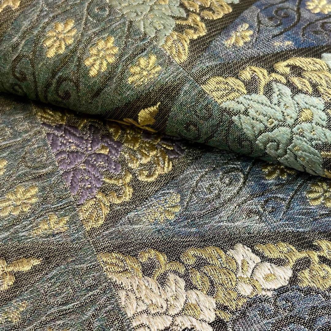 袋帯　作家もの　金彩　銀通し　たたき染　唐花模様　唐草模様　着物　082a u 袋帯 美品 秀品 花 幾何学模様 金銀糸 箔 深緑 六通 正絹