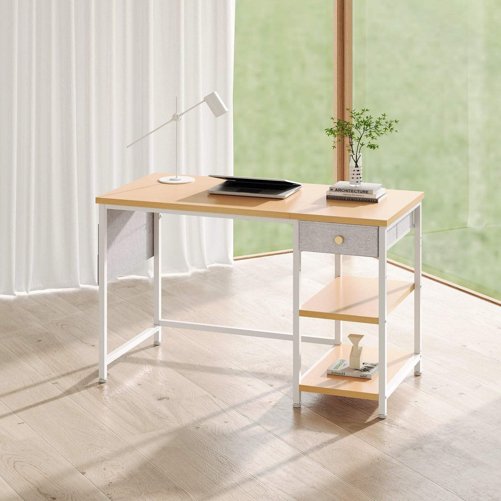 ラック付きデスク 机 pcデスク パソコンデスク 幅120cm×奥行55cm つくえ 布製引き出し付き 収納ラック 収納袋付き デスク 勉強机 学習机 左右入替可 YeTom テレワーク 在宅勤務 ライトオーク MARWIL-DEMENAGEMENTS_CH