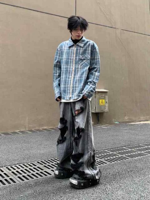 メンズ ファッション 服 男性用 オシャレ シンプル 大人 かっこいい 大きいサイズ ストリート 紳士服 シンプル ブルー チェック柄 ポケット シャツ 春 レトロ ダメージ 加工 長袖 