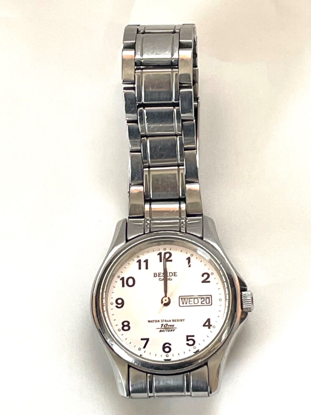 CASIO BESIDE BES-105 腕時計 カシオ Quartz 白文字盤 純正ベルトシルバー 現状品