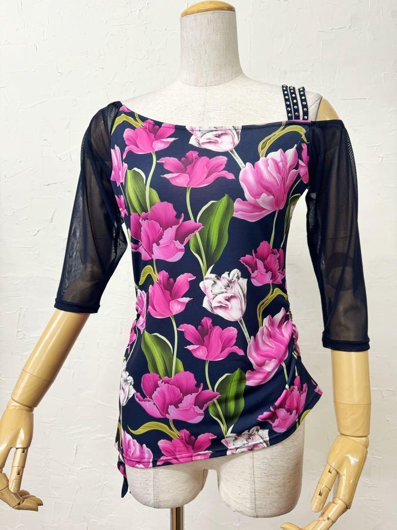 【紺】新品　社交ダンス　ピンク花柄プリント　アシンメトリーカットソーr241 紺】新品 社交ダンス ピンク花柄プリント アシンメトリーカットソー