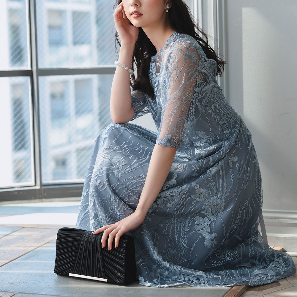 ドレス ワンピース オケージョンドレス 結婚式 刺繍 パーティードレス ミモレ丈 大きいサイズ フォーマル 20代 30代 レディース ブルーグレー haremode 321155