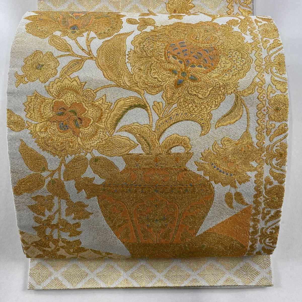 六通 袋帯 刺繍 袋帯 秀品 扇面 花車 刺繍 箔 クリーム 六通 正絹 【中古】 袋帯