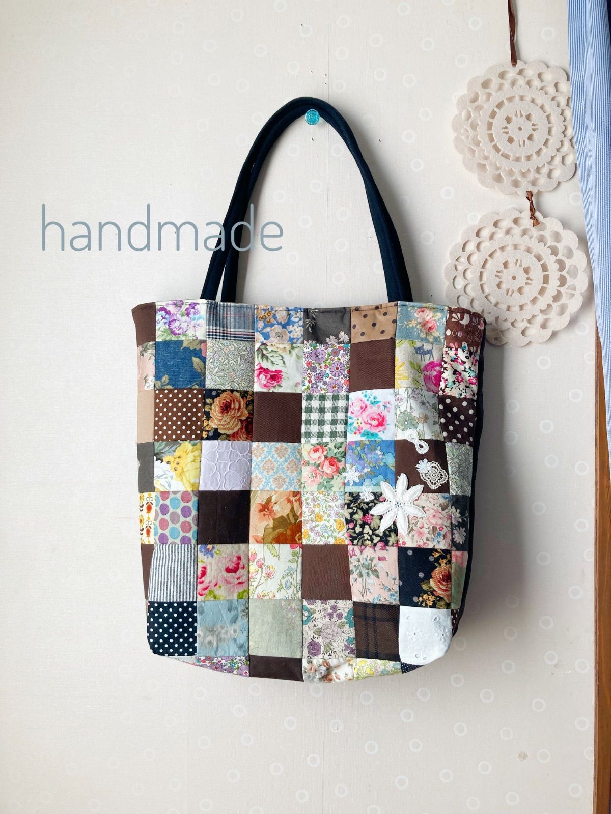 ハンドメイド パッチワーク トートバッグ ブラウン 花柄