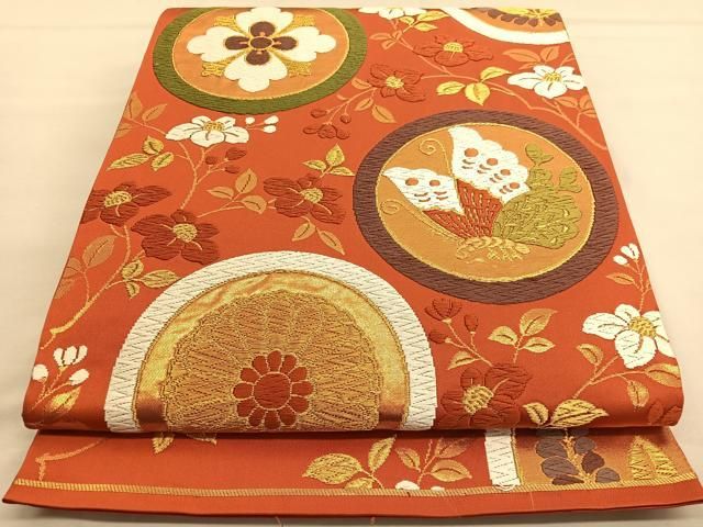 平和屋着物■西陣　河合美術織物謹製　六通柄袋帯　唐織　花蝶丸文　金糸　正絹　逸品　BAAT6783hv 平和屋着物□西陣 河合美術織物謹製 六通柄袋帯 唐織 花蝶丸文 金糸