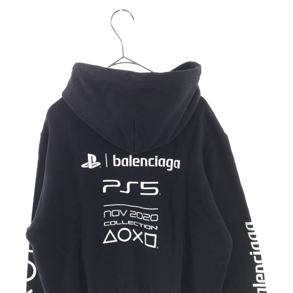 BALENCIAGA (バレンシアガ) 21AW× PlayStation Printed Fitted Hoodie PS5 プレイステーション  コラボ ロゴ プリントプルオーバー パーカー ブラック 657034 TKVF4