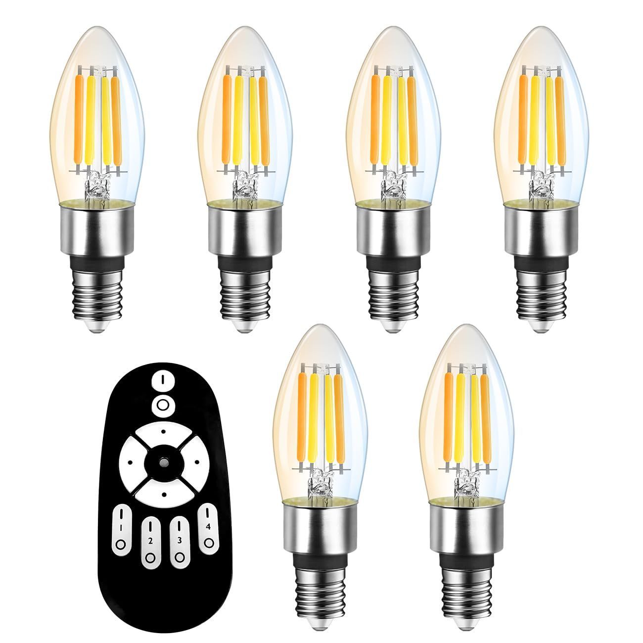 ANWIO シャンデリア電球 6個入り B11 E17口金 600lm 消費電力4.5W 50W形相当 リモコン付き 燭台電球 蝋燭型 クリア電球 シャンデリア形 フィラメント電球 無段階調光 90%省エネ 広配光 雰囲気 LEDランプ 調光 調色 遠