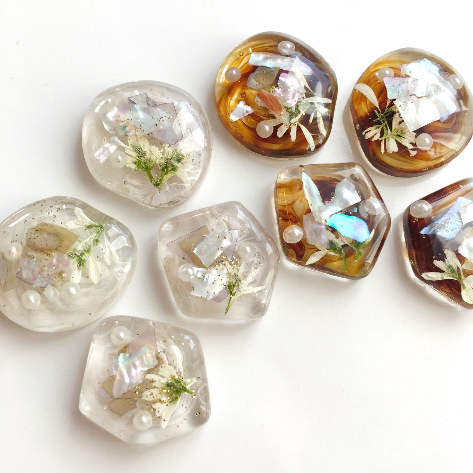 151.しずく型べっ甲押し花シェルカボションレジンパーツ(8個)ピアス 