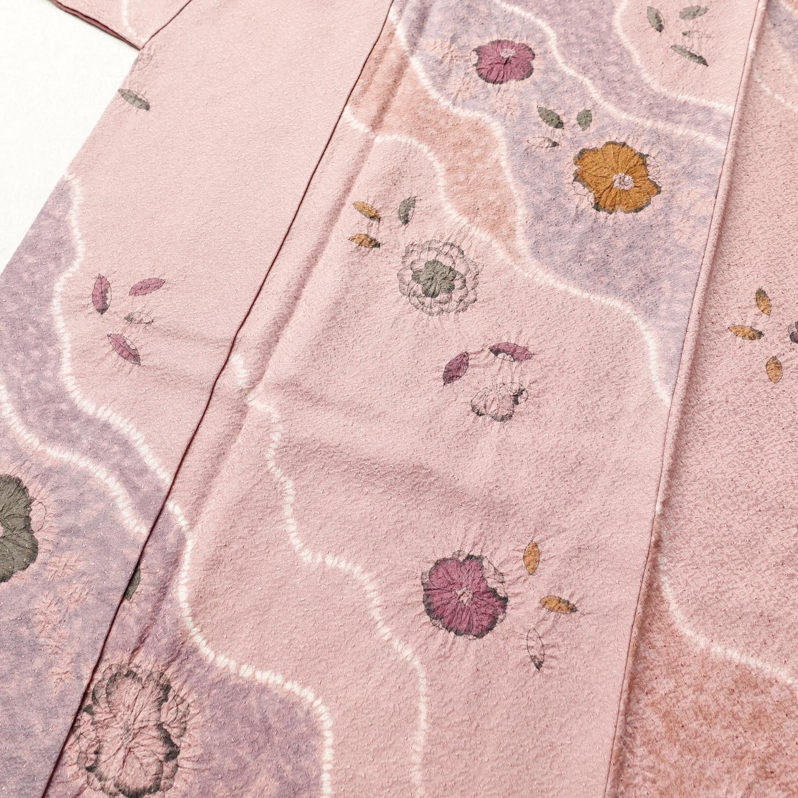 中古 小紋 辻が花 良品 絞り 正絹 古典柄 袷仕立て ピンク 中古 小紋 良品 正絹 花柄 袷仕立て 身丈156.5cm 裄丈63.5cm 辻が花風