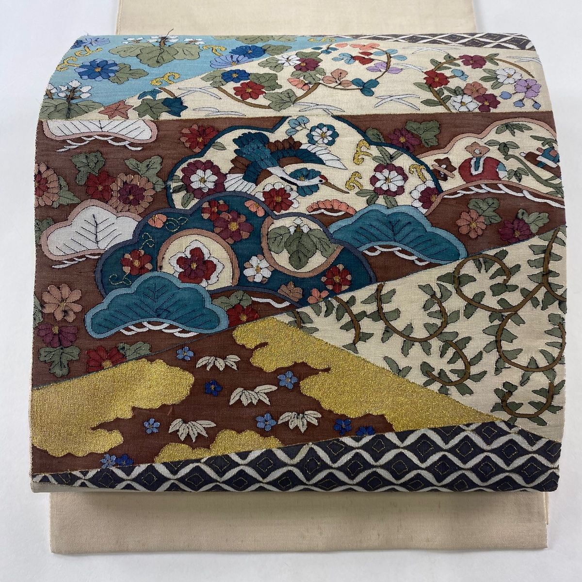 美品　袋帯　正絹　お太鼓柄　金糸　うぐいす　ベージュ　茶　組紐織　縦縞 美品 袋帯 正絹 お太鼓柄 金糸 うぐいす ベージュ 茶 組紐織