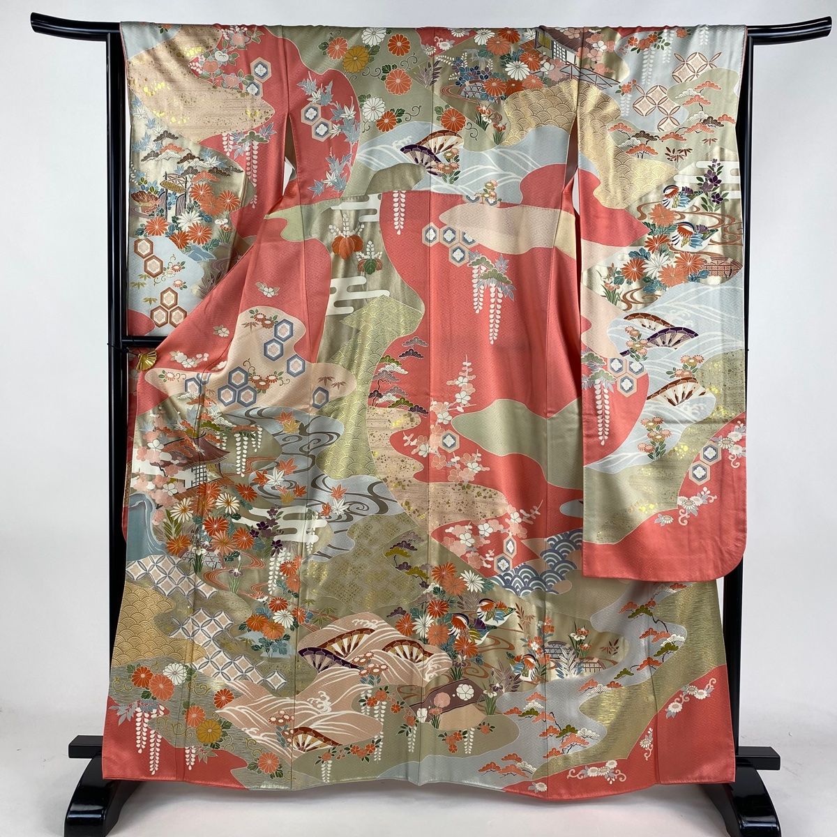 振袖 身丈164cm 裄丈65cm M 袷 家屋 菊 金糸 金彩 ピンク 正絹 秀品