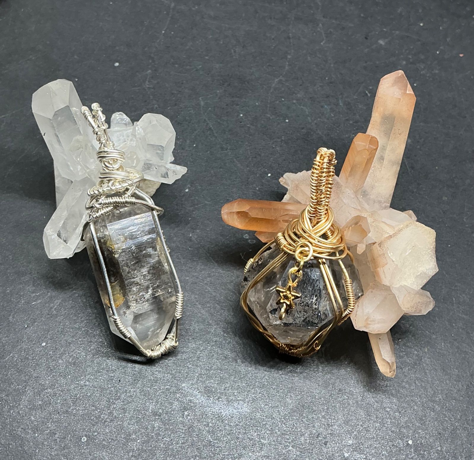 ハーキマーダイヤモンド・ターミネイテッド 両剣水入り 原石 流砂 ♤ ♣︎ハンドメイドペンダント♧ ♠︎ハーキマーダイヤモンド☆ 両剣