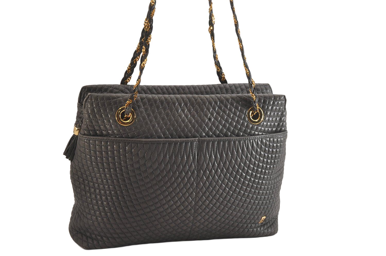 BALLY バリー ヴィンテージ キルティング レザー タッセル ショルダートートバッグ グレー 7614M