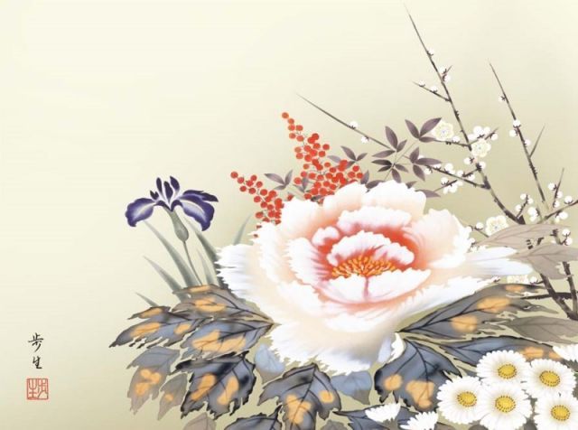 四季草花図　印刷画　日本画 フレーム　額装　額縁 G2307-943x1024.jpg