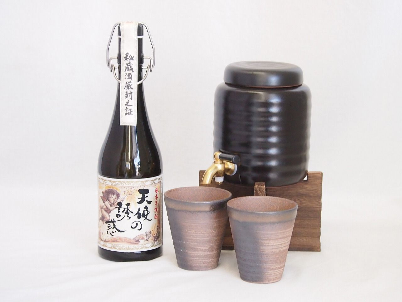 本格焼酎サーバー1000cc(18cm×24cm 1kg)三重県萬古焼き備前金彩ペアカップ(