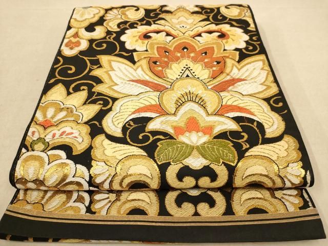 平和屋着物◎六通柄袋帯 唐織 更紗花文 黒地 金糸 正絹 逸品