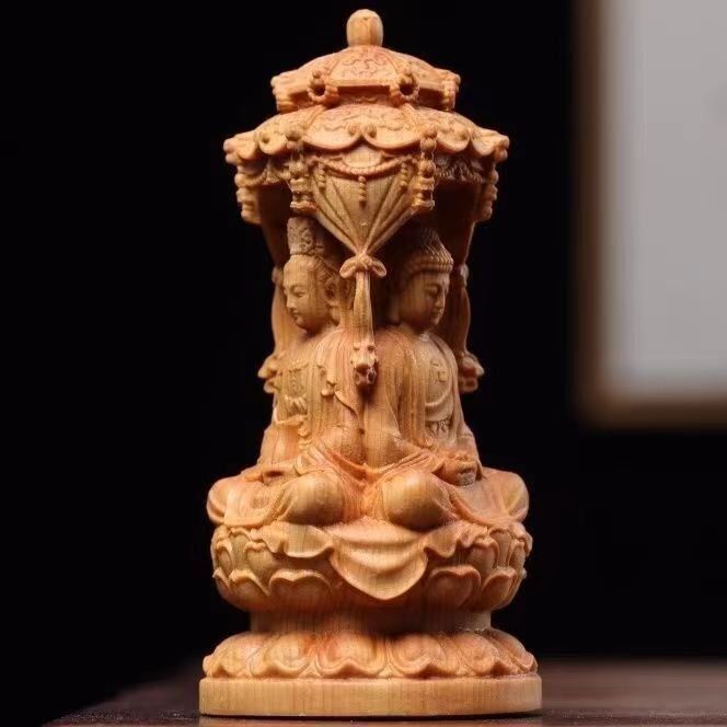 木彫仏像 三面 婆娑三聖座像 阿弥陀仏三尊（観世音菩薩 阿弥陀仏
