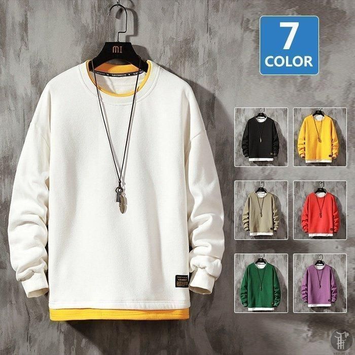 Tシャツ メンズ 長袖 ロングTシャツ 切り替え フェイクレイヤード ビッグシルエット 大きいサイズ ロンT 重ね着風 スウェット