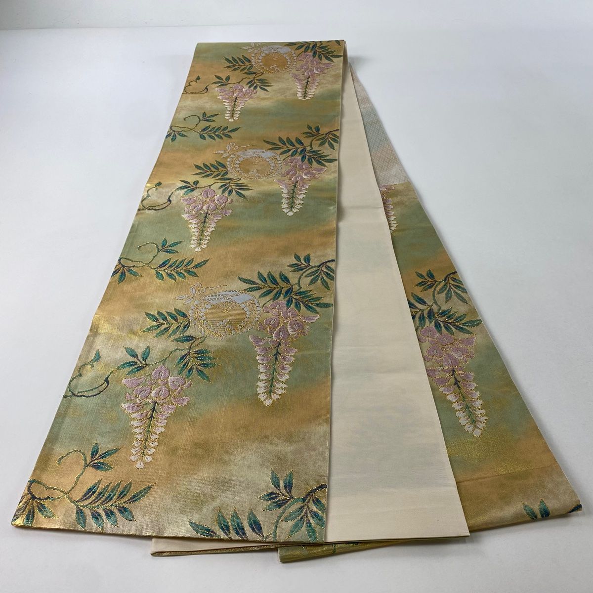 美品　袋帯　刺繍　汕頭　金糸　ワインレッド　たたき染め 汕頭刺繍 袋帯（カラー芯入り） – EMON