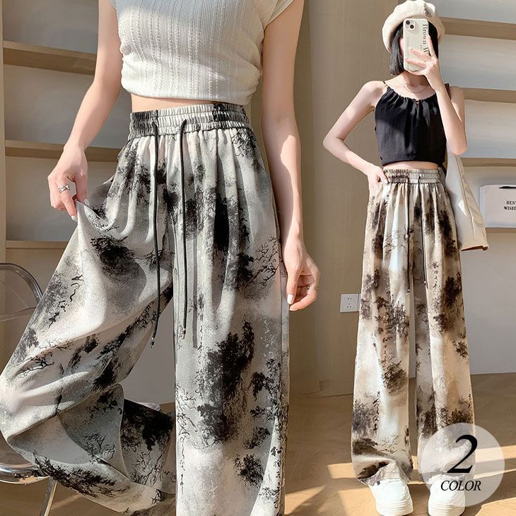 接触冷感 ドレープ ワイドパンツ レディース 低身長 ハイウエスト 涼しい アイスシルク ワイドレッグ タイダイ プリント 涼しい 通気性 着やせ 冷感 A9AR664