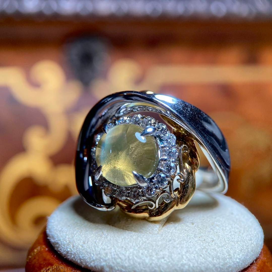 クリスタル・ジャベリン　極美品 pt900 / k18 極上クリソベリルキャッツアイ4.94ct × ダイヤモンド 0.44