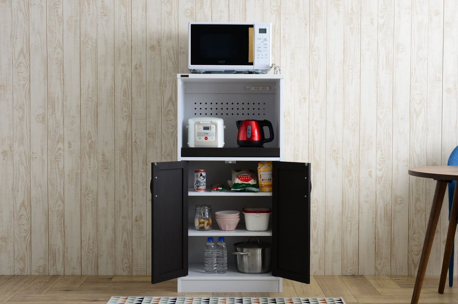 佐藤産業 Cafetira レンジ台 食器棚 幅58cm 奥行40cm 高さ120cm ホワイト×ブラウン スライド棚 コンセント付き 可動棚 CTS120-60L TALLINNNEXPO_COM