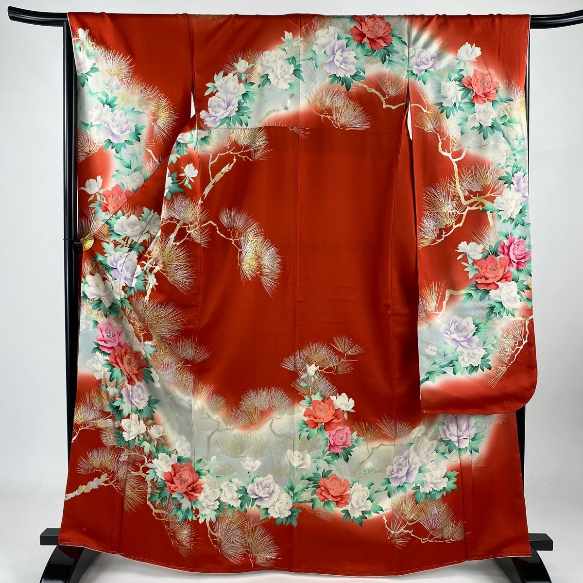 振袖 身丈166cm 裄丈67cm M 袷 牡丹 松 金糸 金銀彩 朱色 正絹 秀品