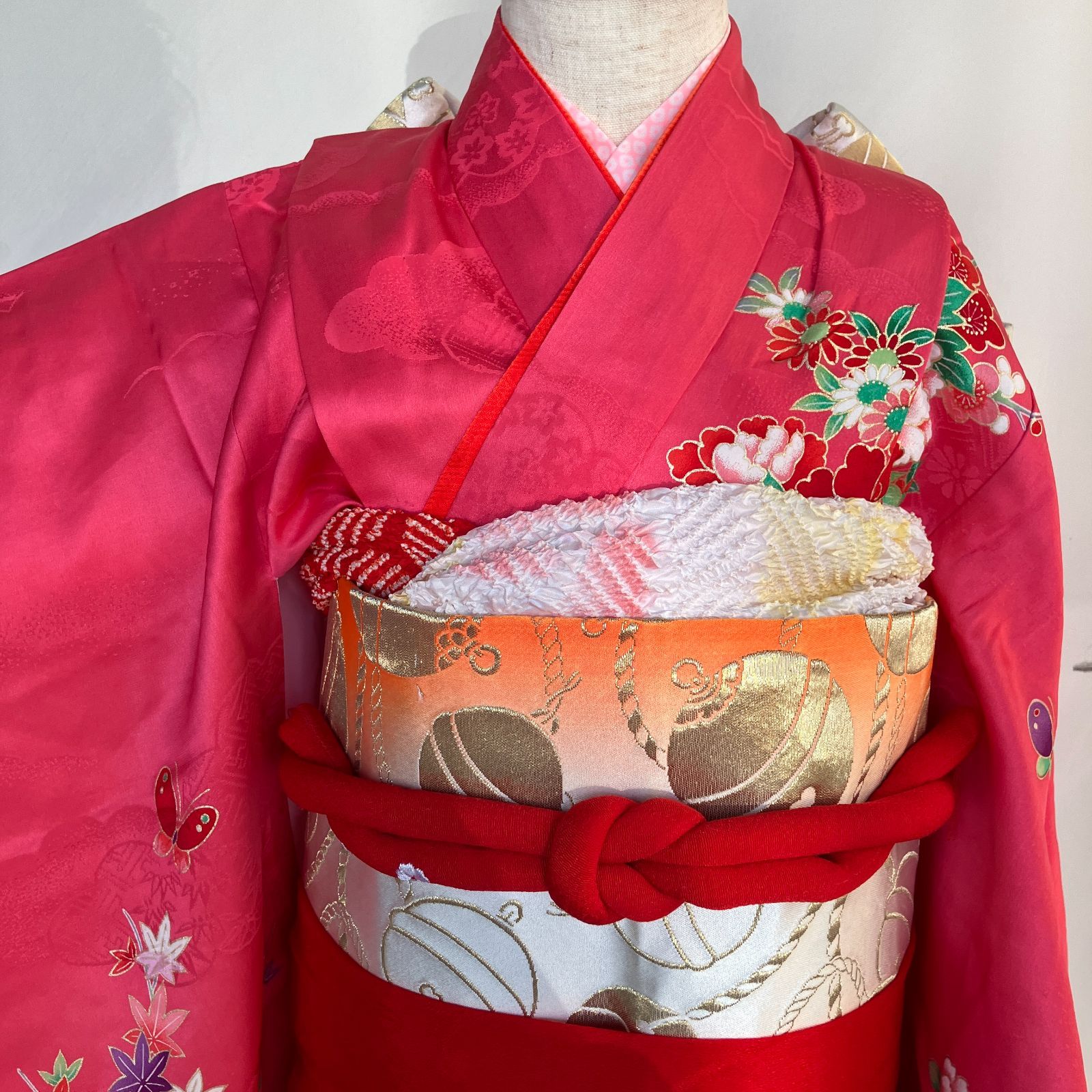 七五三 7歳女の子 着物 四つ身 ピンク 長襦袢 作り帯セット