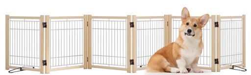YOCANペットゲートペットフェンス高さ43cm幅351cmペットサークル木製犬用ゲート置くだけ折りたたみついたてペット倒れない飛び出し脱走防止中小型犬用6枚パネル