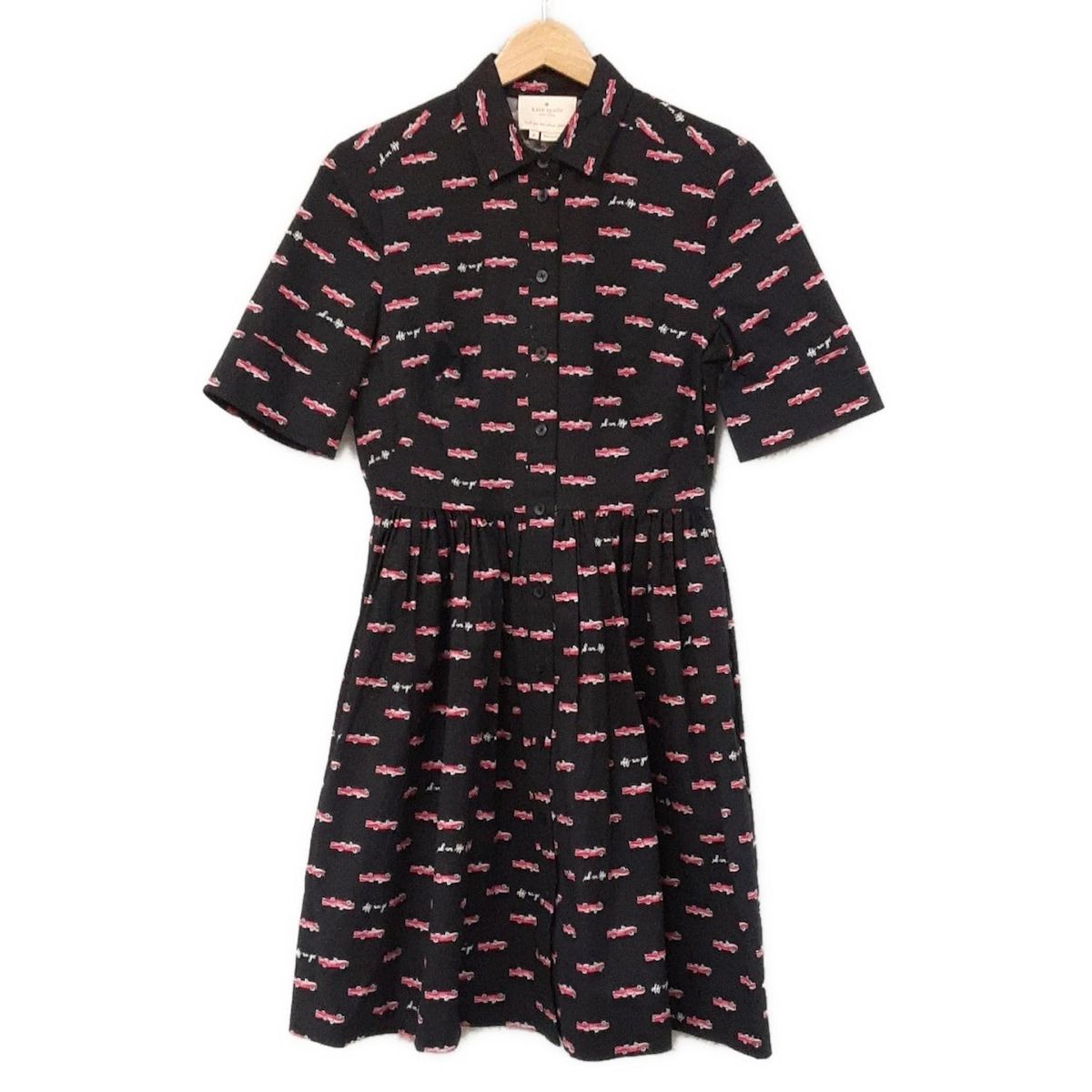 Kate spade ケイトスペード ワンピース サイズ0 XS レディース - 黒×ピンク レギュラーカラー|半袖|ひざ丈|車|シャツワンピ