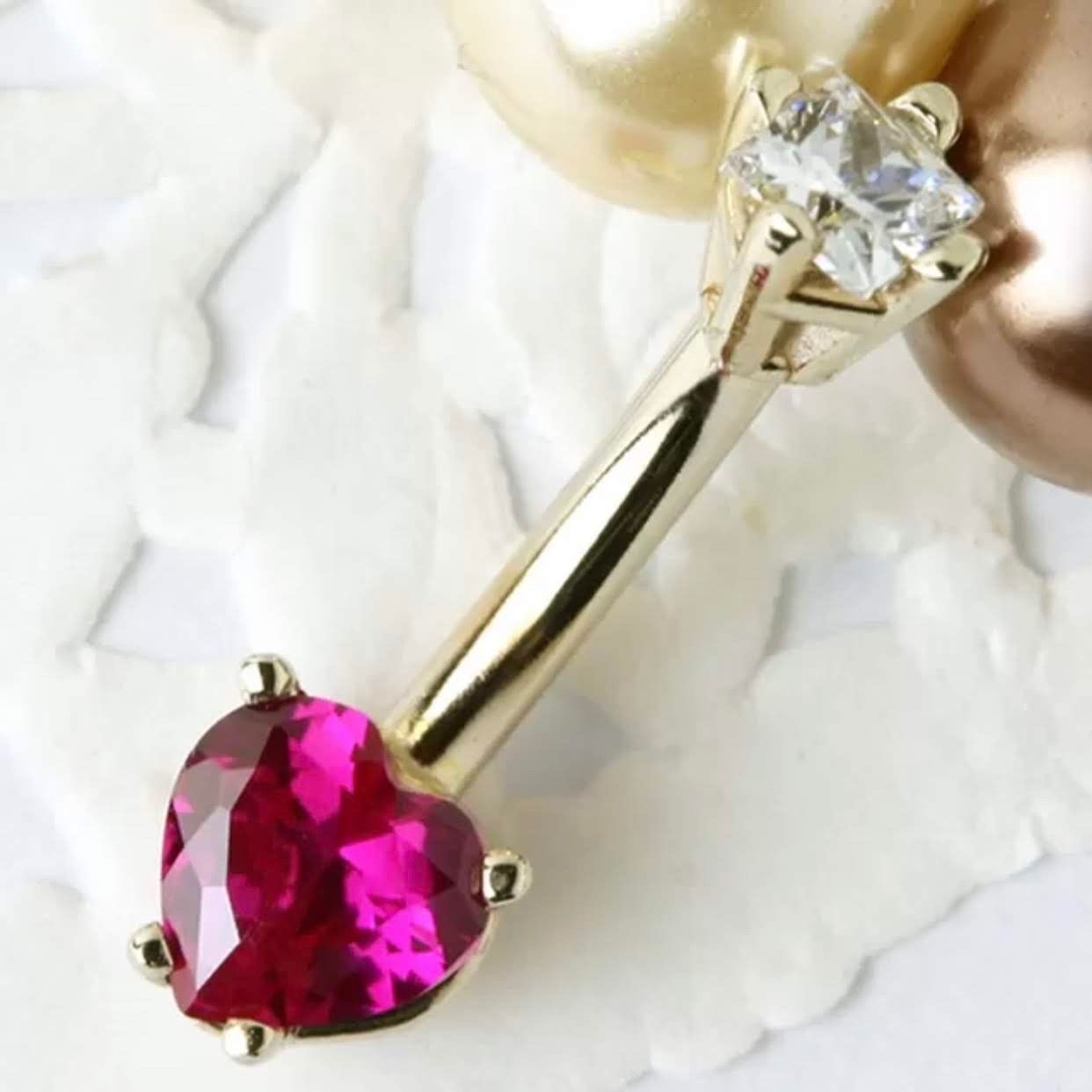 14金 へそピアス ホワイトゴールド ボディピアス レッドハート バナナバーベル 14k ヘソピアス BG103
