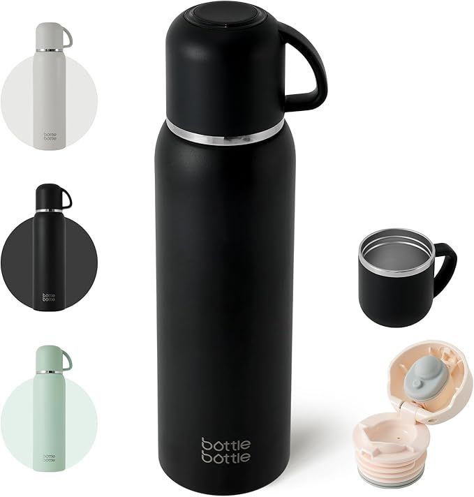 BOTTLE BOTTLE 水筒 1リットル 大容量 BPAフリー 持ち手付き 持ち運びやすい 洗いやすい 漏れ防止 マイボトル コップ付き 保温保冷 魔法瓶 直飲み コップ飲み ブラック