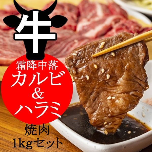 焼肉1ｋｇセット／牛霜降中落ちカルビ５００ｇ＆牛ハラミ５００ｇ ／ありがとん屋／焼肉　BBQ　バーベキュー　キャンプ　ビール　おつまみ　肉　牛タン　カルビ　つまみ　牛肉