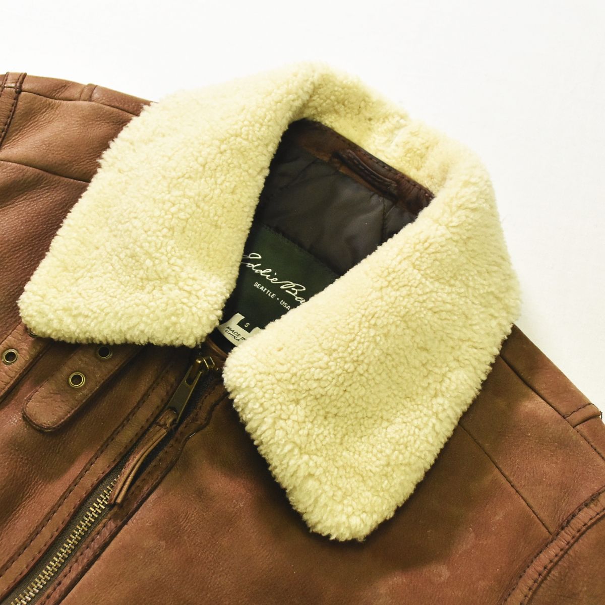 【希少レア】レザー ボンバー ジャケット 襟ボア 茶色 フライトジャケット エディーバウアー Eddie bauer B-3 レザー フライトジャケット 牛革 襟