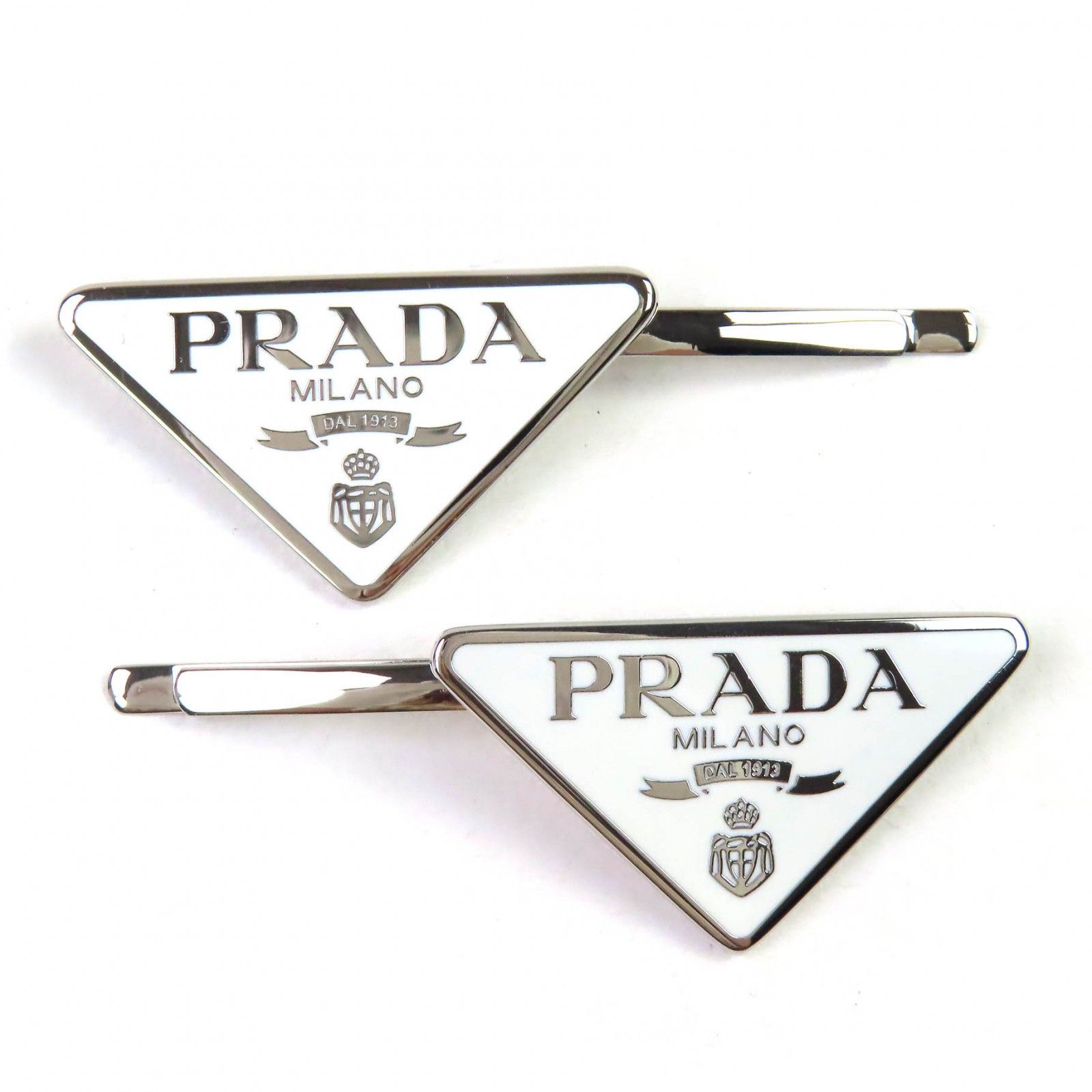 △PRADA プラダ 1IF051 トライアングルロゴ メタル ヘアピン 髪留め ヘアアクセサリー ホワイト シルバー 箱 保存袋付き レディース