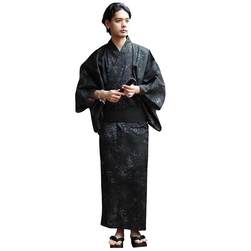 8 eight エイト 和柄 総柄 浴衣 3点セット メンズ 浴衣 帯 下駄 コットン 獅子雲花鳥ブラックLL