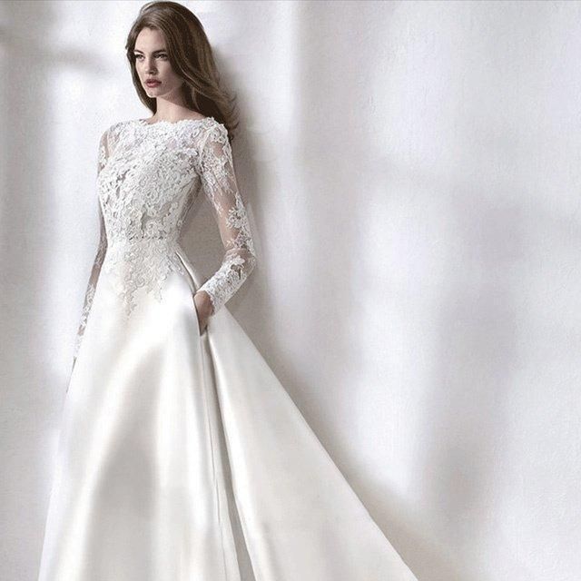 ウェディングドレスレースサテンドッキングトレーン結婚式ドレスホワイト長袖背開きAラインロングドレス二次会披露宴挙式ブライダルドレスWP 929