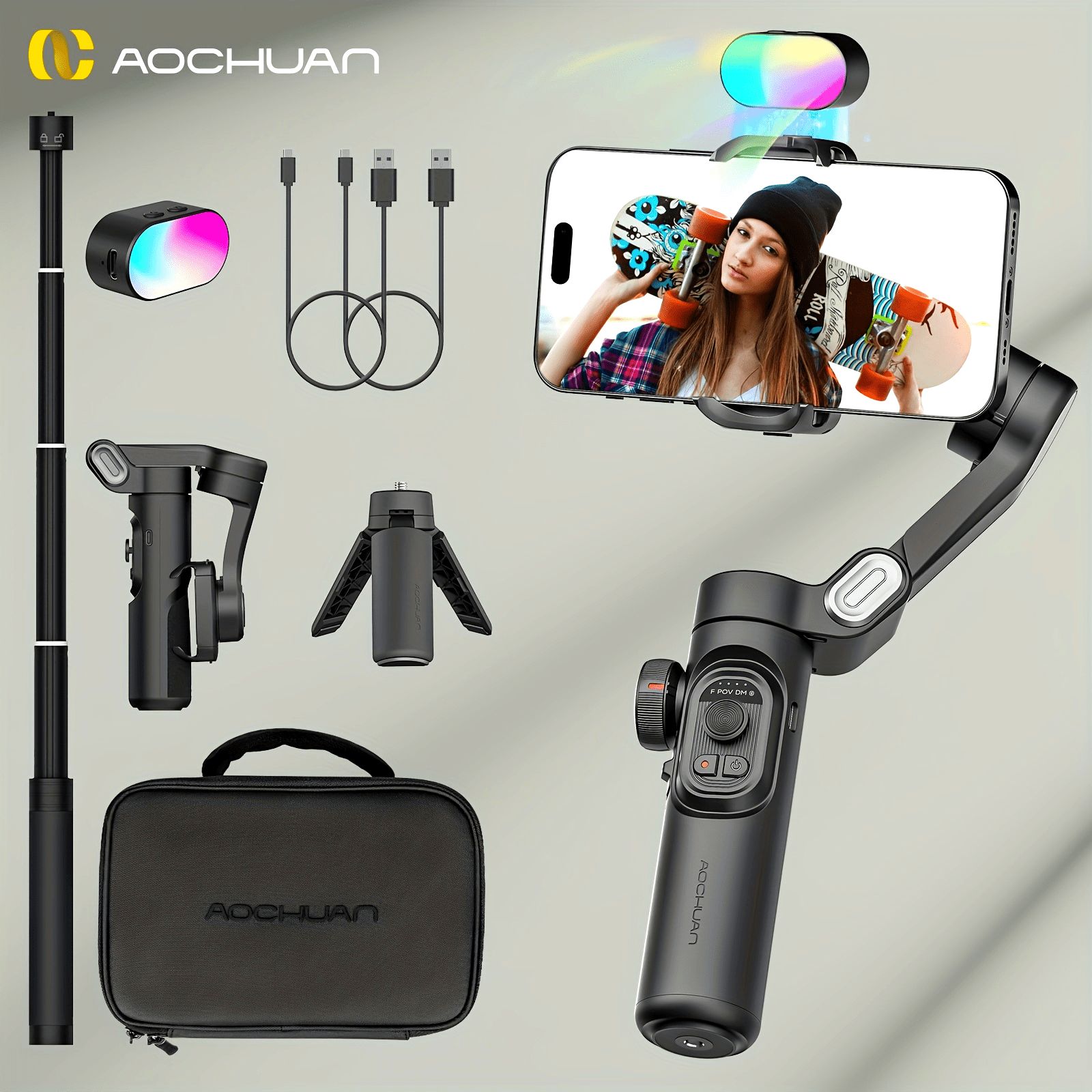 AOCHUAN スマホジンバル RGBライト 延長ロッド付き iPhone対応 ギフトに最適